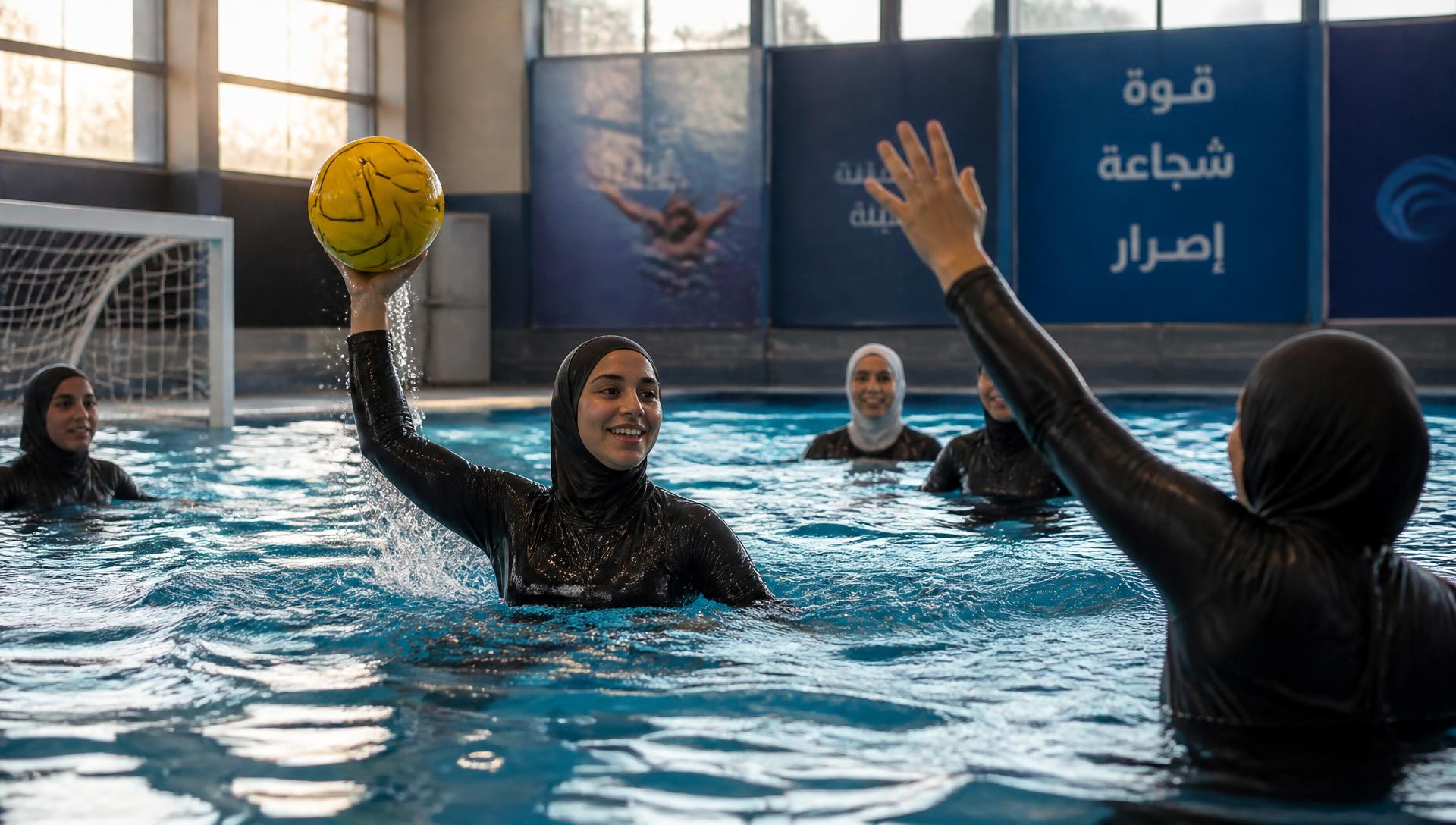 Women in modest swimwear and swim hijabs playing water polo in an indoor pool
