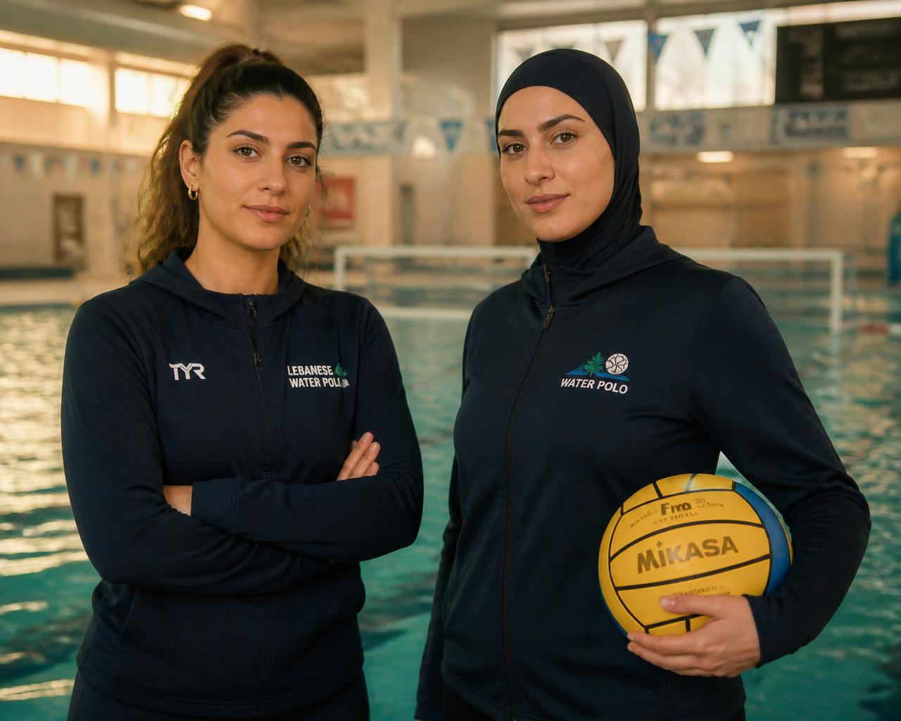 Amal and Natasha Alamuddin standing poolside in coaching kit, one wearing a sport hijab